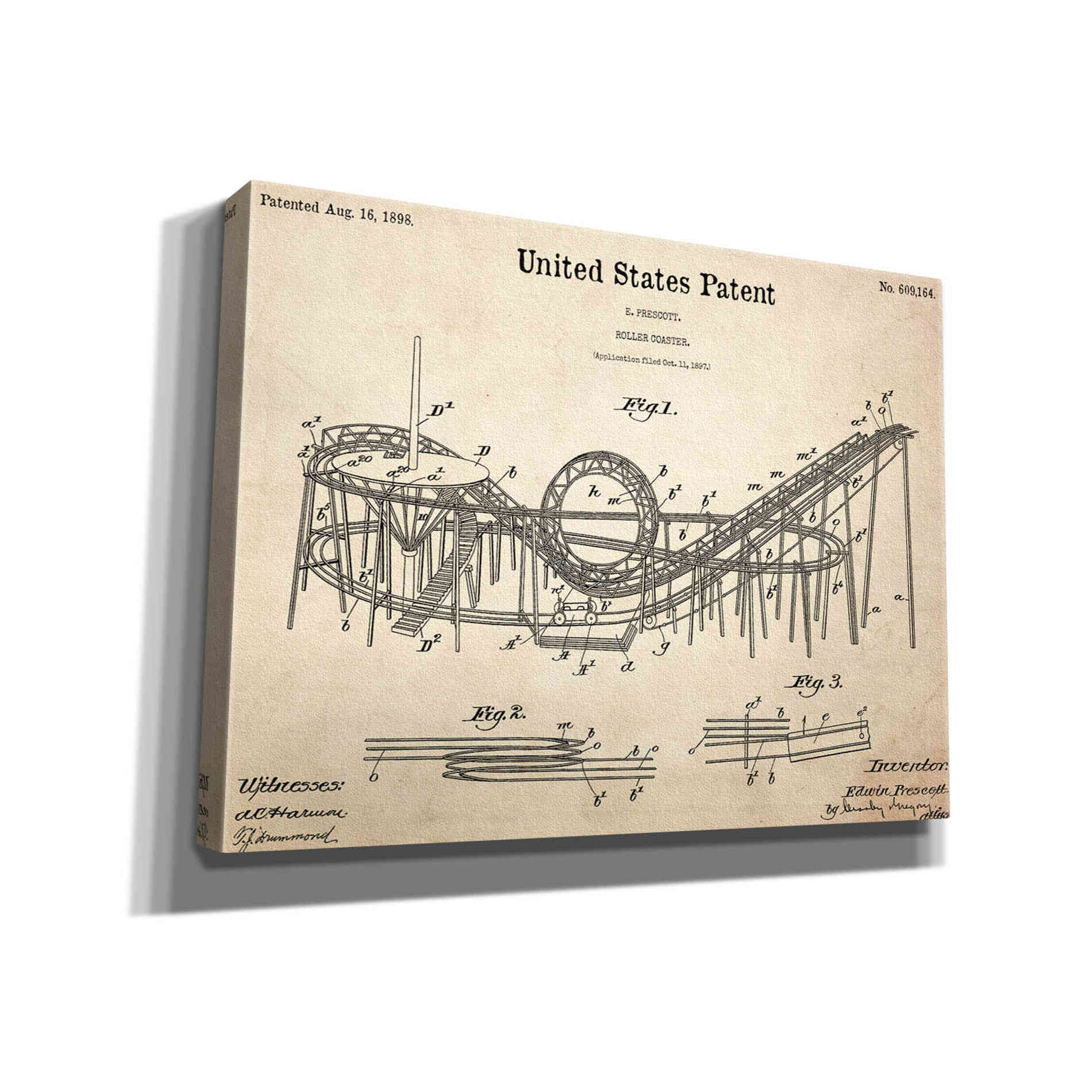 'Roller Coaster Blueprint Patent Parchment,' Canvas Wall Art,16x12x1.1x0,26x18x1.1x0,34x26x1.74x0,54x40x1.74x0