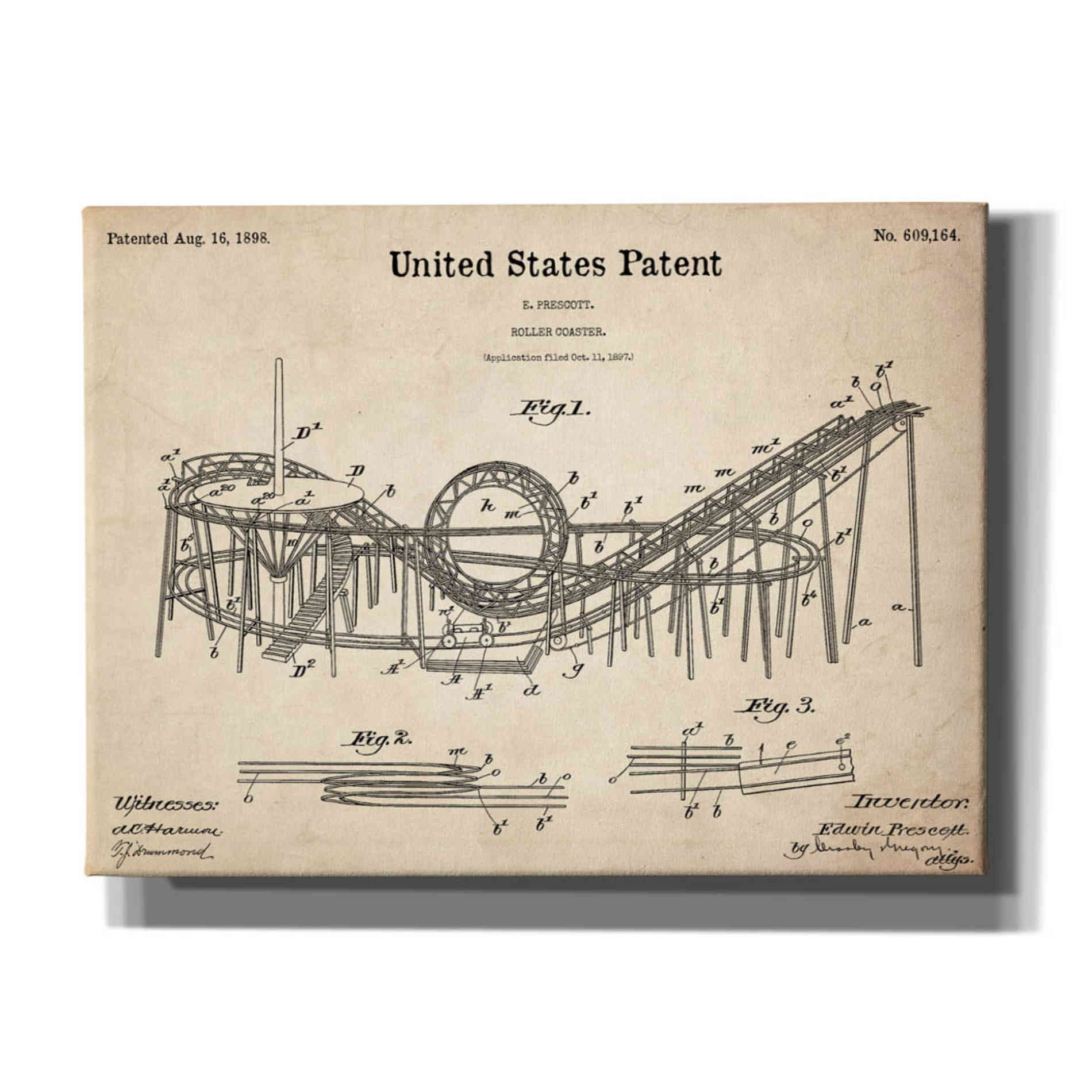 'Roller Coaster Blueprint Patent Parchment,' Canvas Wall Art,16x12x1.1x0,26x18x1.1x0,34x26x1.74x0,54x40x1.74x0