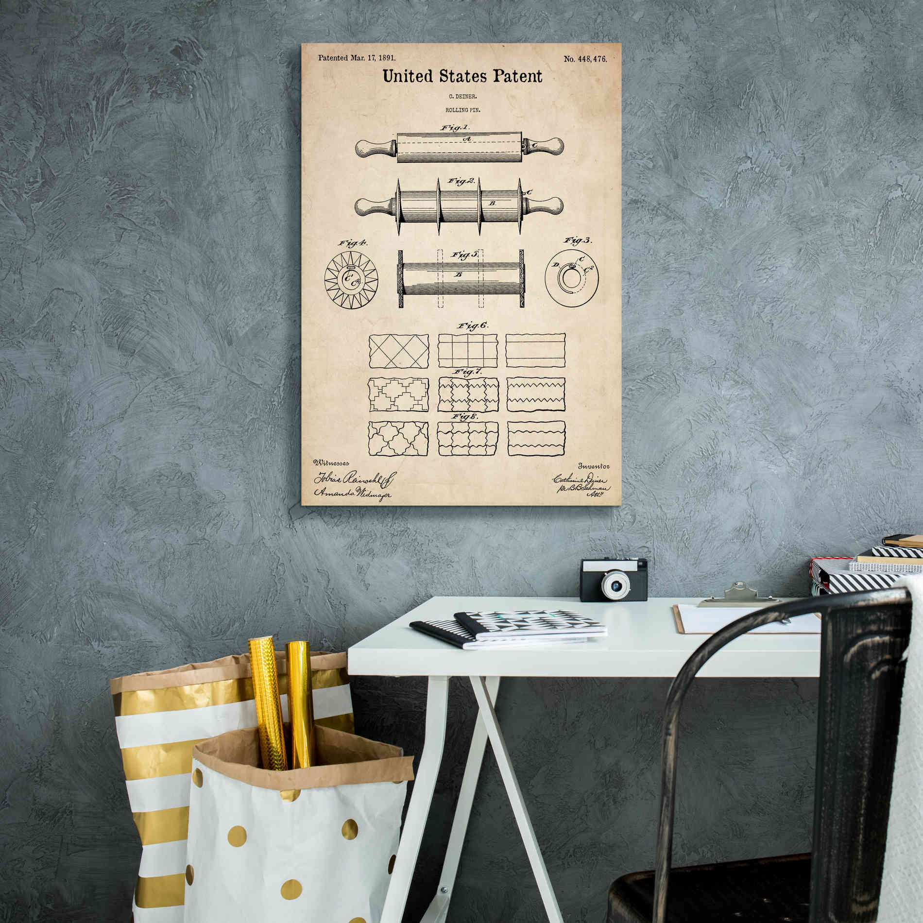 'Rolling Pin Blueprint Patent Parchment,' Canvas Wall Art,18 x 26