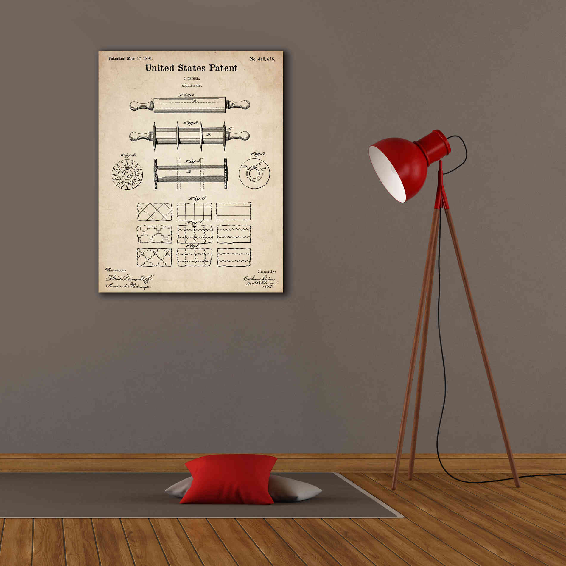 'Rolling Pin Blueprint Patent Parchment,' Canvas Wall Art,26 x 34
