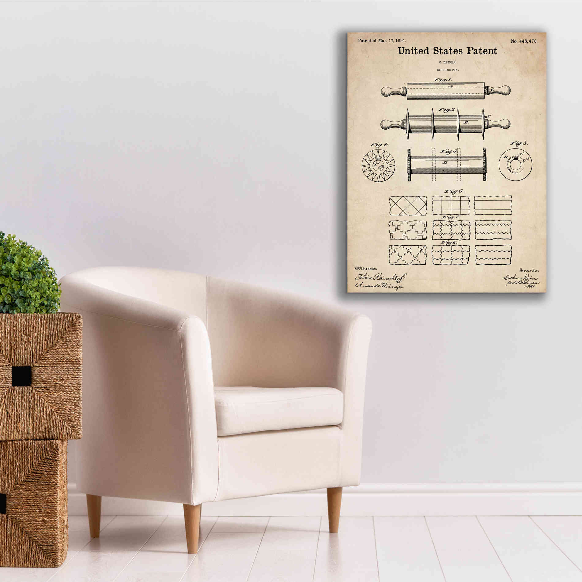 'Rolling Pin Blueprint Patent Parchment,' Canvas Wall Art,26 x 34