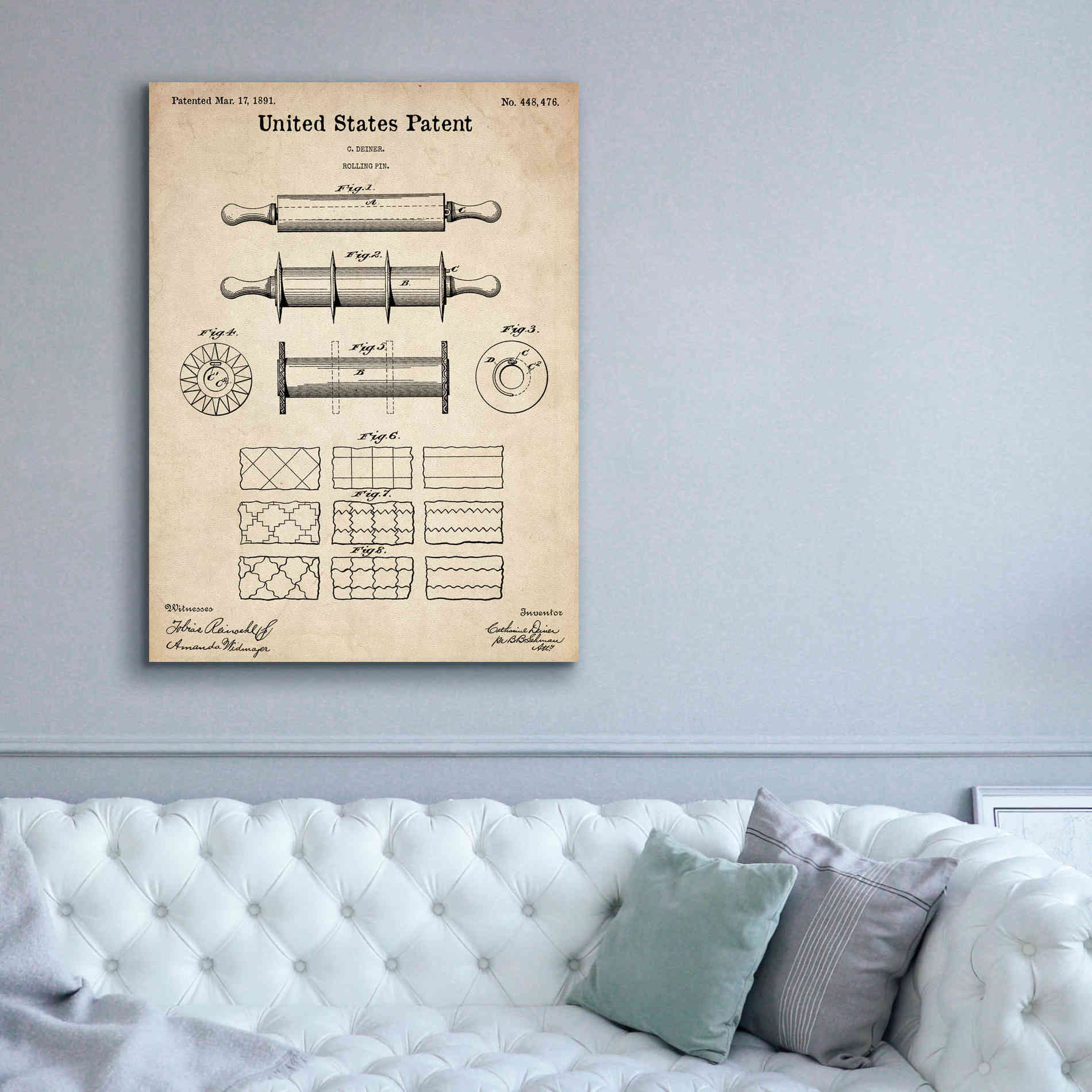 'Rolling Pin Blueprint Patent Parchment,' Canvas Wall Art,40 x 54