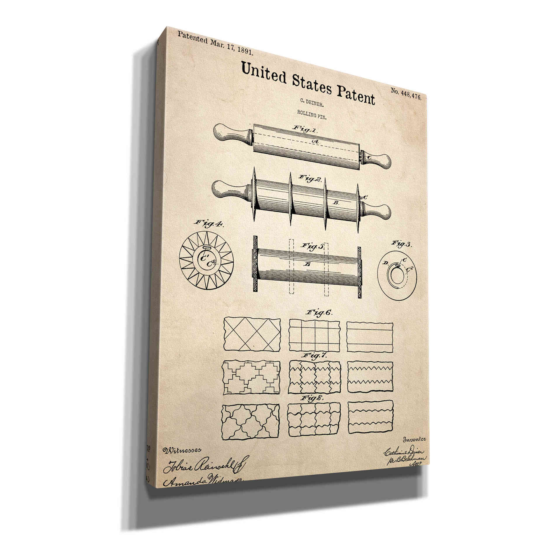 'Rolling Pin Blueprint Patent Parchment,' Canvas Wall Art,12x16x1.1x0,18x26x1.1x0,26x34x1.74x0,40x54x1.74x0