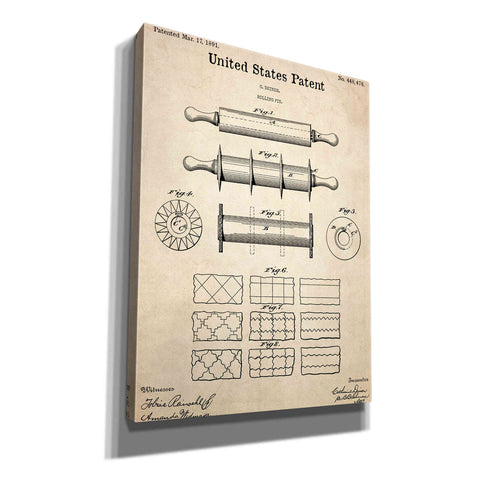 Image of 'Rolling Pin Blueprint Patent Parchment,' Canvas Wall Art,12x16x1.1x0,18x26x1.1x0,26x34x1.74x0,40x54x1.74x0