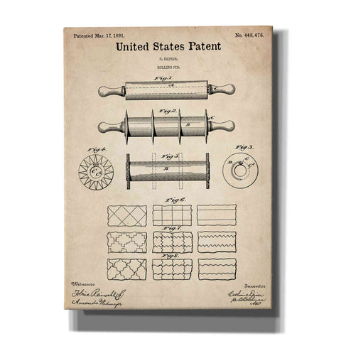 Image of 'Rolling Pin Blueprint Patent Parchment,' Canvas Wall Art,12x16x1.1x0,18x26x1.1x0,26x34x1.74x0,40x54x1.74x0