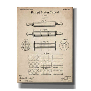 'Rolling Pin Blueprint Patent Parchment,' Canvas Wall Art,12x16x1.1x0,18x26x1.1x0,26x34x1.74x0,40x54x1.74x0