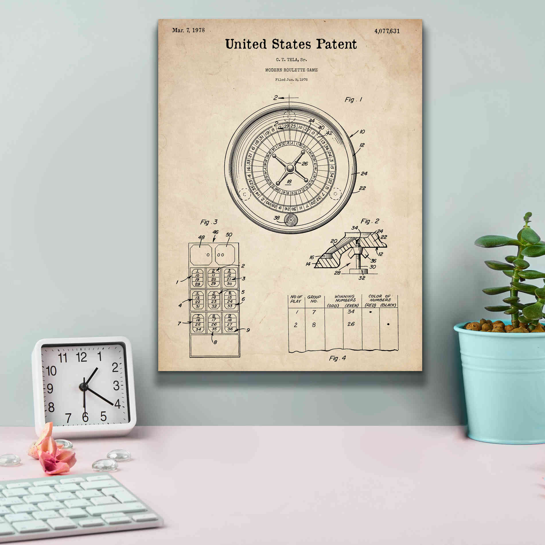 'Roulette Blueprint Patent Parchment,' Canvas Wall Art,12 x 16