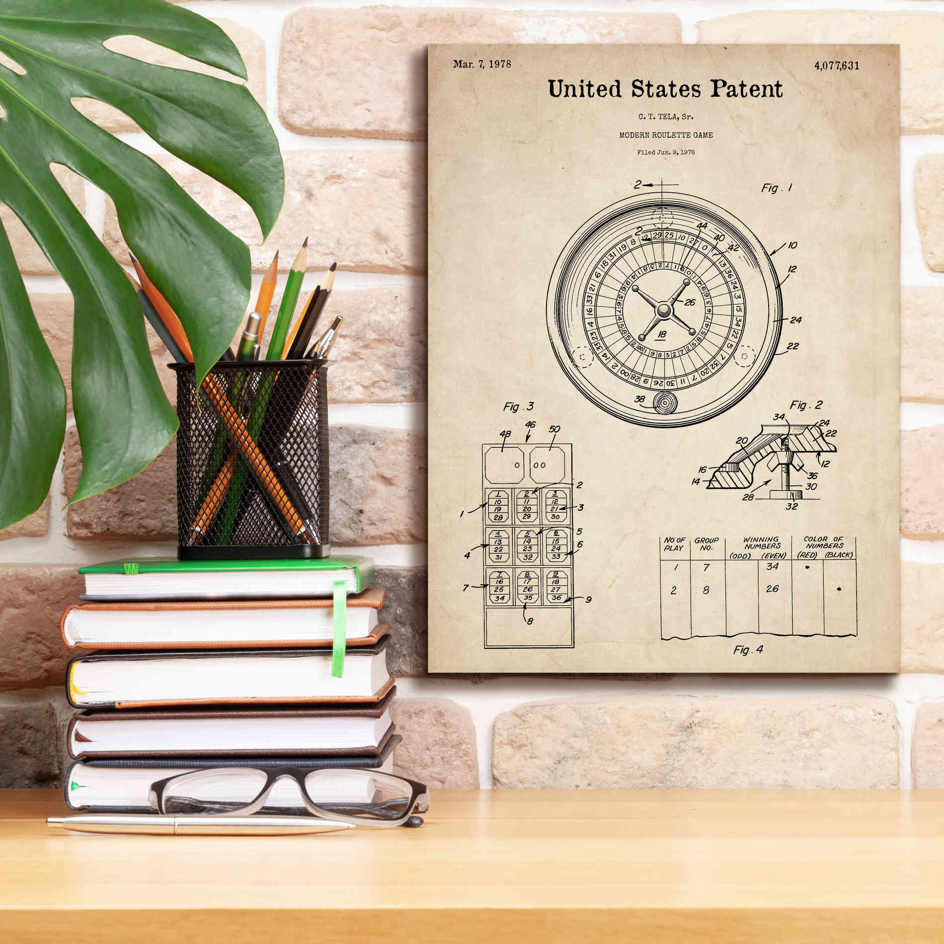'Roulette Blueprint Patent Parchment,' Canvas Wall Art,12 x 16