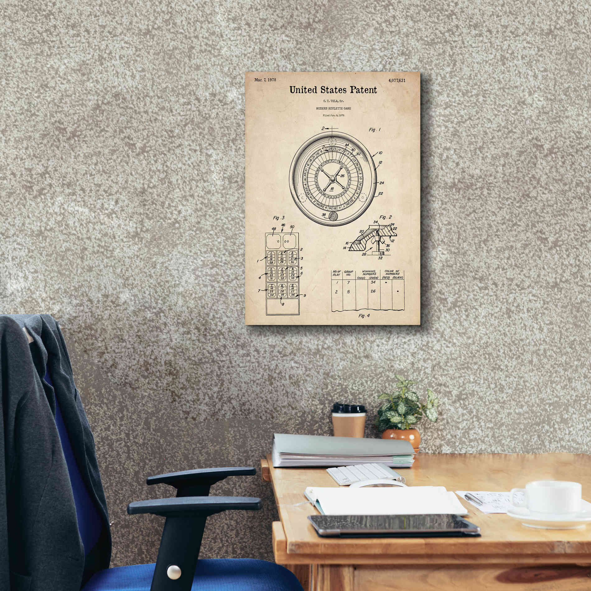 'Roulette Blueprint Patent Parchment,' Canvas Wall Art,18 x 26