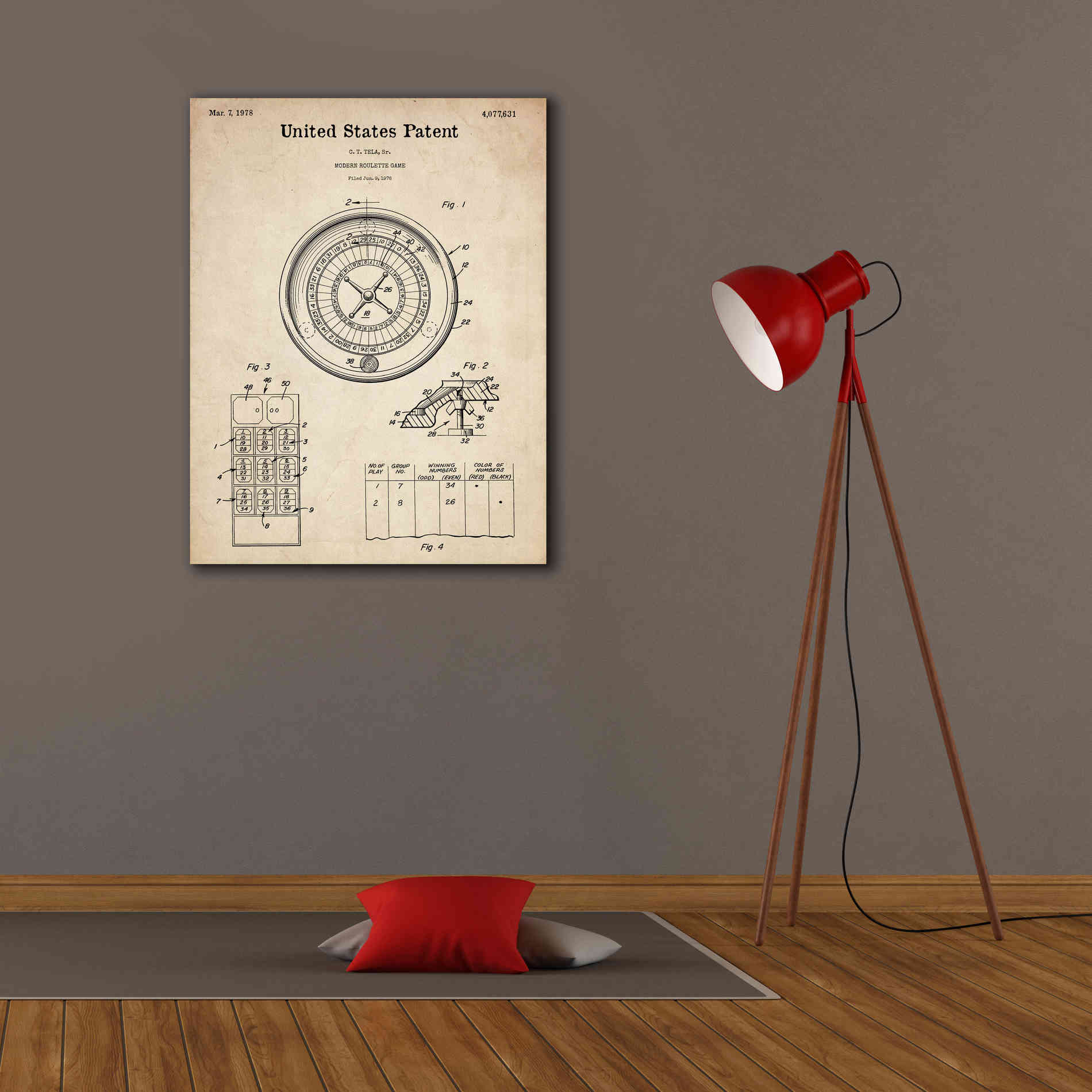 'Roulette Blueprint Patent Parchment,' Canvas Wall Art,26 x 34