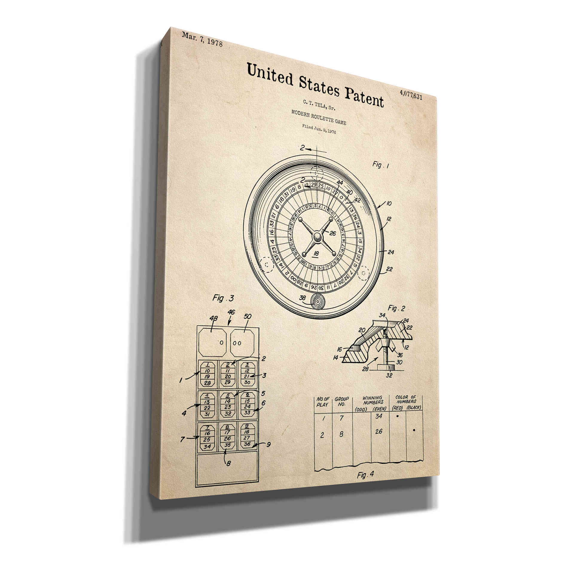 'Roulette Blueprint Patent Parchment,' Canvas Wall Art,12x16x1.1x0,18x26x1.1x0,26x34x1.74x0,40x54x1.74x0
