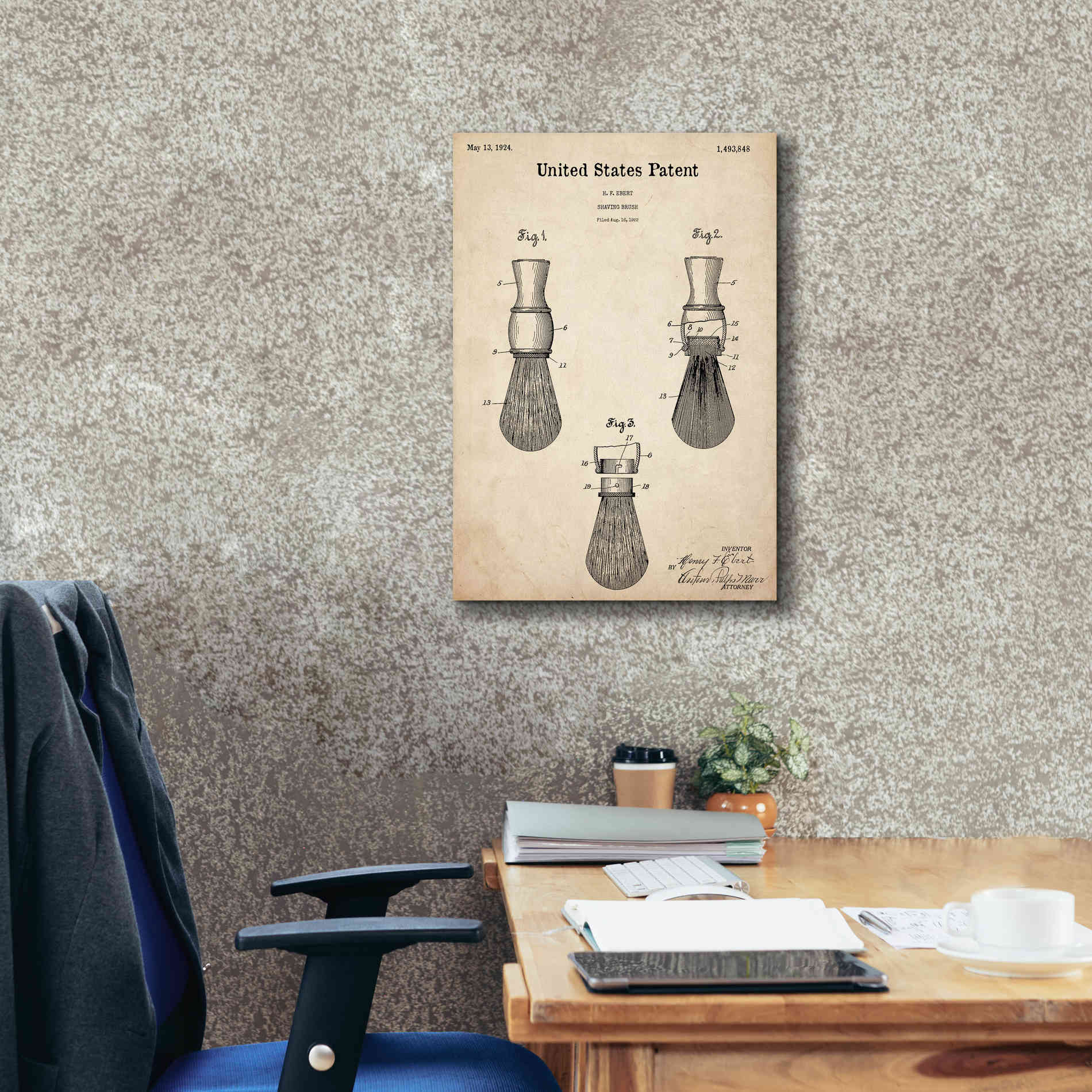 'Shaving Brush Blueprint Patent Parchment,' Canvas Wall Art,18 x 26