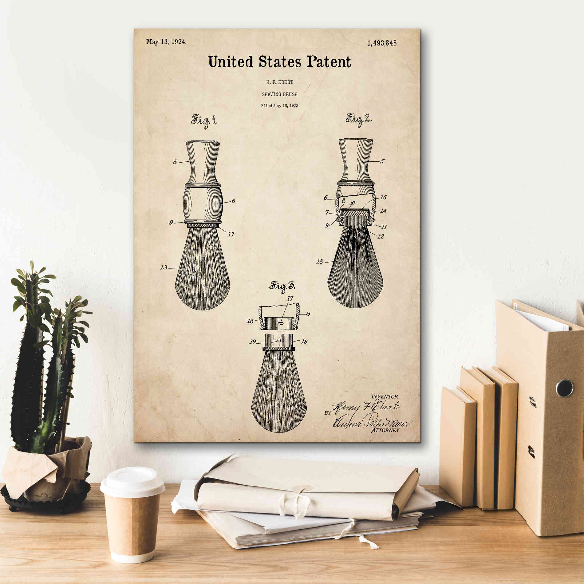 'Shaving Brush Blueprint Patent Parchment,' Canvas Wall Art,18 x 26