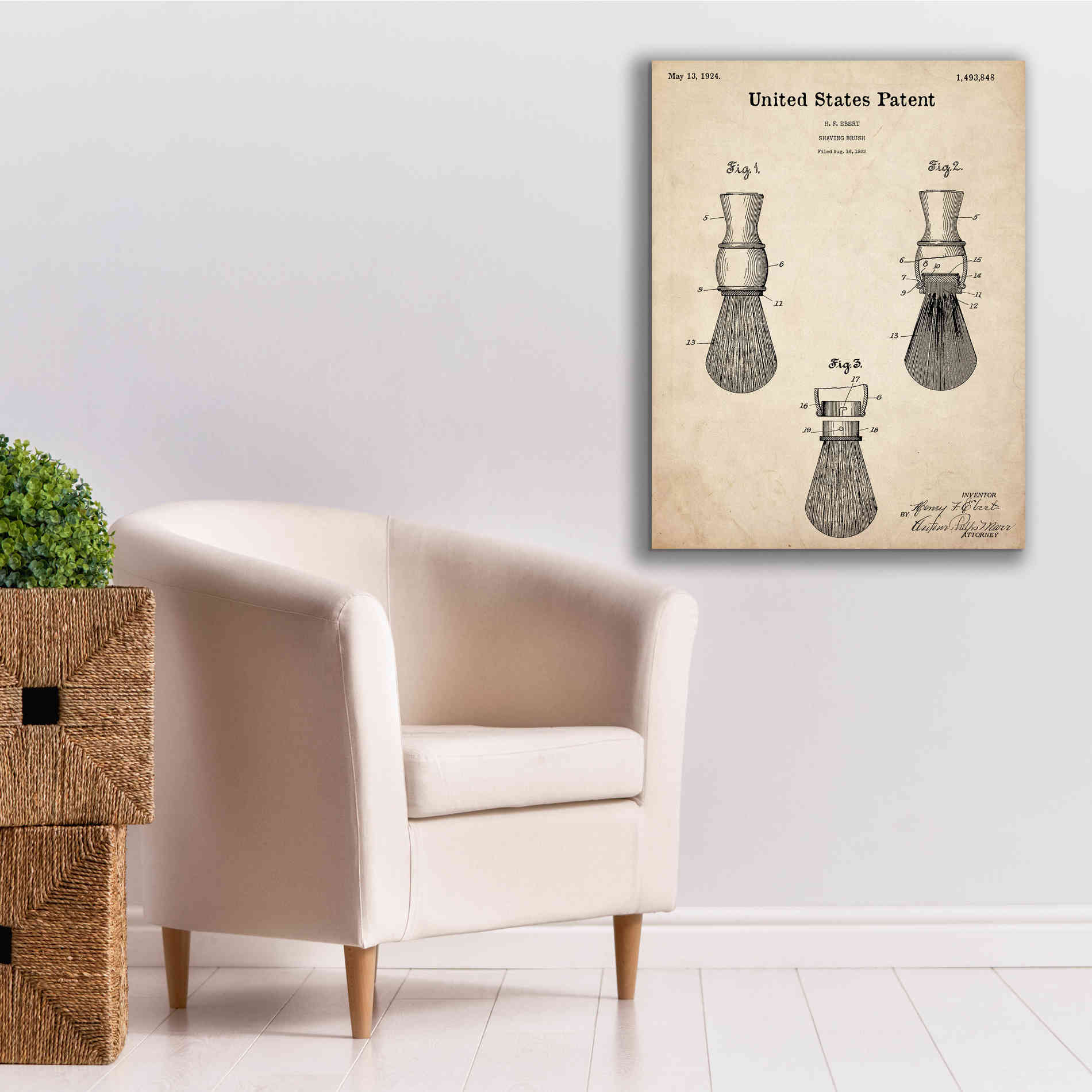 'Shaving Brush Blueprint Patent Parchment,' Canvas Wall Art,26 x 34