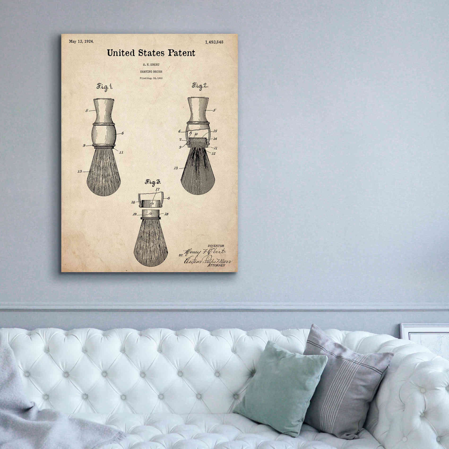 'Shaving Brush Blueprint Patent Parchment,' Canvas Wall Art,40 x 54
