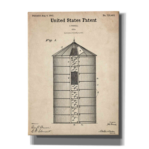 Image of 'Silo Blueprint Patent Parchment,' Canvas Wall Art,12x16x1.1x0,18x26x1.1x0,26x34x1.74x0,40x54x1.74x0