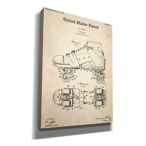 Image of 'Roller Skate Blueprint Patent Parchment,' Canvas Wall Art,12x16x1.1x0,18x26x1.1x0,26x34x1.74x0,40x54x1.74x0