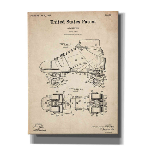 Image of 'Roller Skate Blueprint Patent Parchment,' Canvas Wall Art,12x16x1.1x0,18x26x1.1x0,26x34x1.74x0,40x54x1.74x0