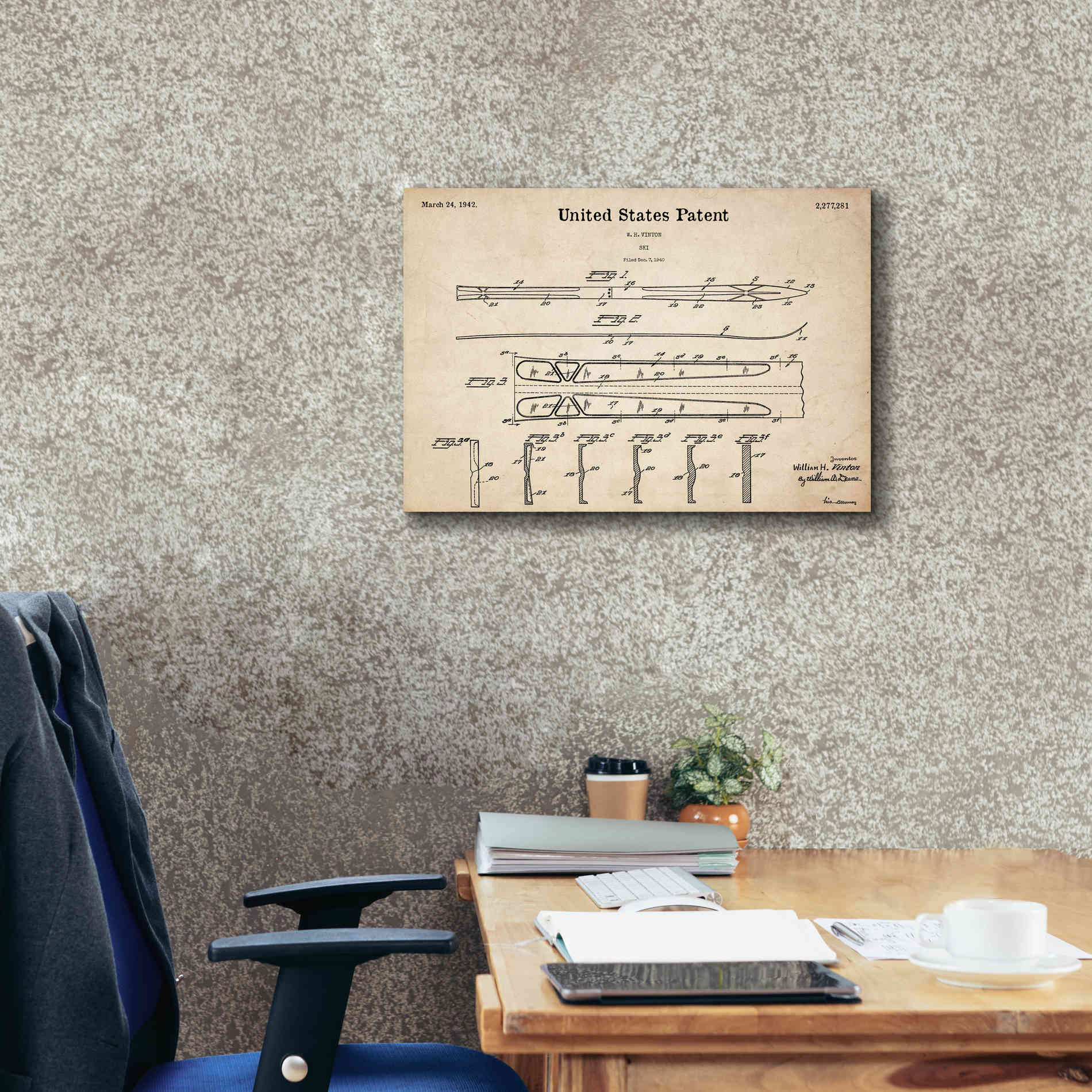 'Ski Blueprint Patent Parchment,' Canvas Wall Art,26 x 18