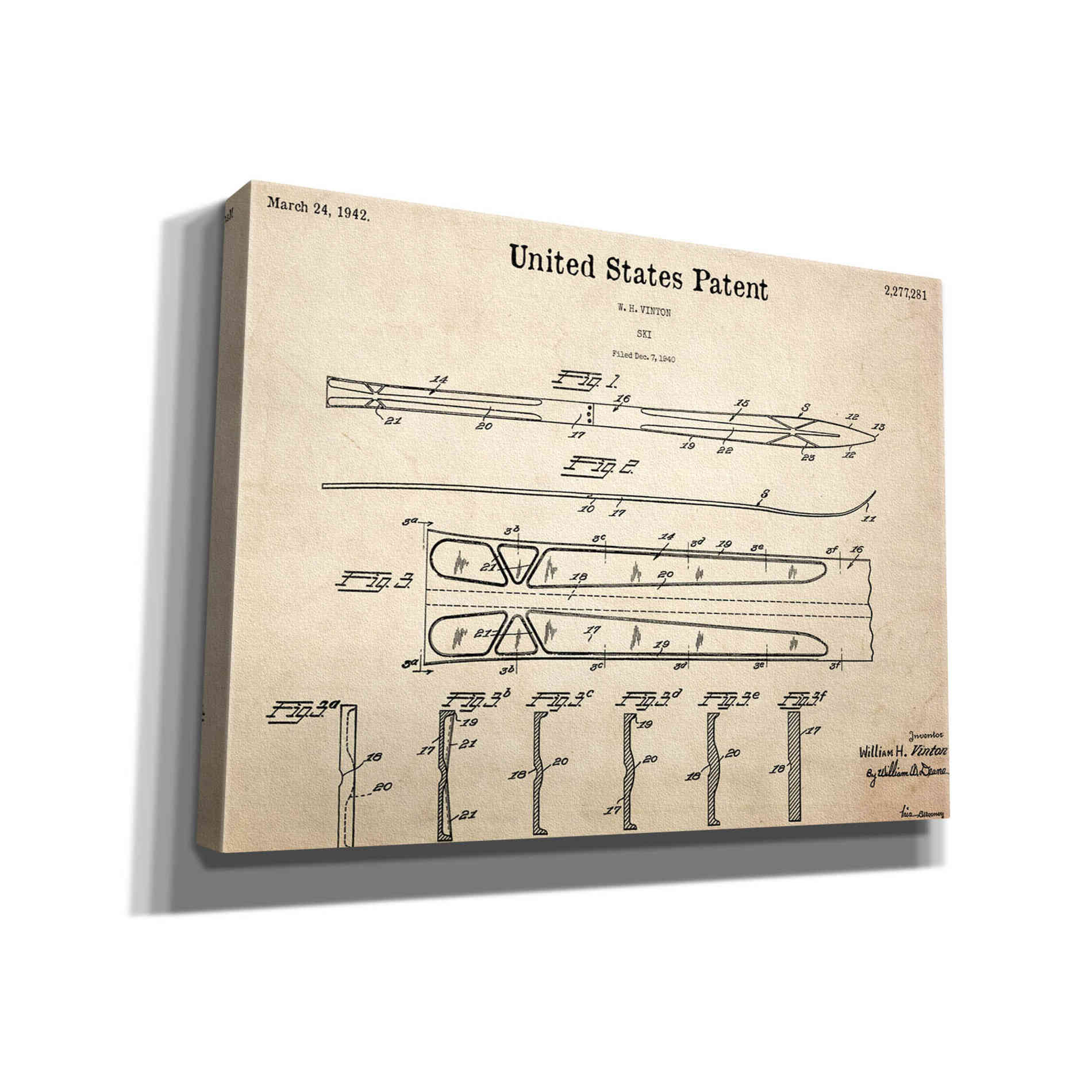 'Ski Blueprint Patent Parchment,' Canvas Wall Art,16x12x1.1x0,26x18x1.1x0,34x26x1.74x0,54x40x1.74x0