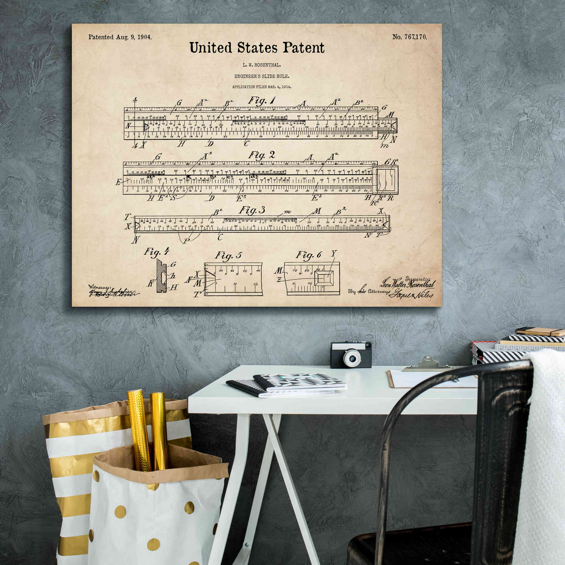 'Slide Rule Blueprint Patent Parchment,' Canvas Wall Art,34 x 26
