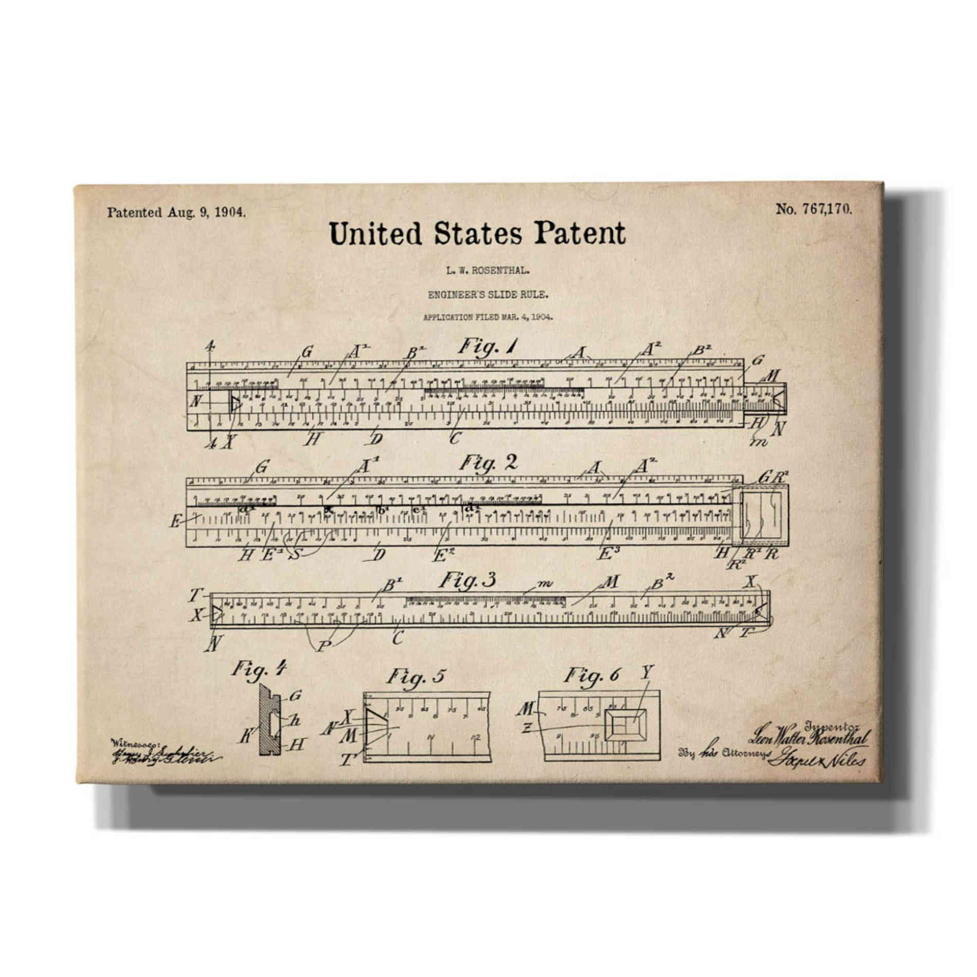 'Slide Rule Blueprint Patent Parchment,' Canvas Wall Art,16x12x1.1x0,26x18x1.1x0,34x26x1.74x0,54x40x1.74x0