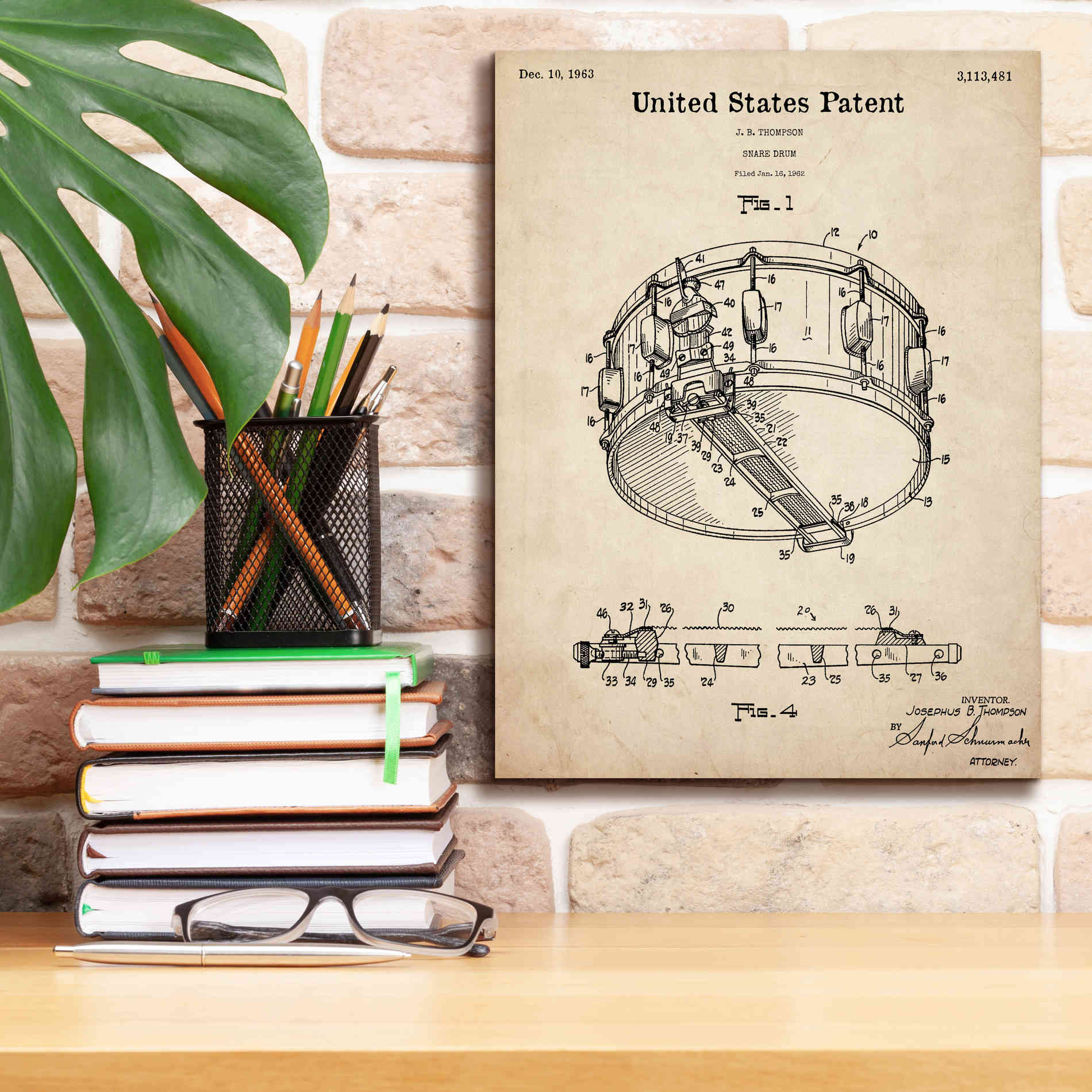 'Snare Drum Blueprint Patent Parchment,' Canvas Wall Art,12 x 16