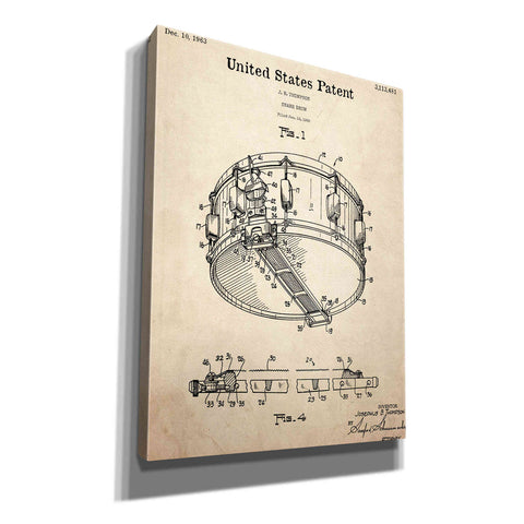 Image of 'Snare Drum Blueprint Patent Parchment,' Canvas Wall Art,12x16x1.1x0,18x26x1.1x0,26x34x1.74x0,40x54x1.74x0