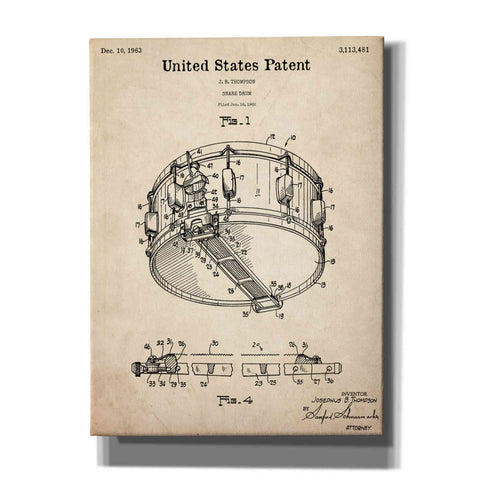 Image of 'Snare Drum Blueprint Patent Parchment,' Canvas Wall Art,12x16x1.1x0,18x26x1.1x0,26x34x1.74x0,40x54x1.74x0