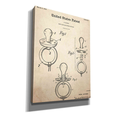 Image of 'Baby Pacifier Blueprint Patent Parchment,' Canvas Wall Art,12x16x1.1x0,18x26x1.1x0,26x34x1.74x0,40x54x1.74x0
