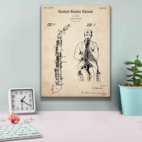 Image of 'Soprano Saxophone Blueprint Patent Parchment,' Canvas Wall Art,12 x 16