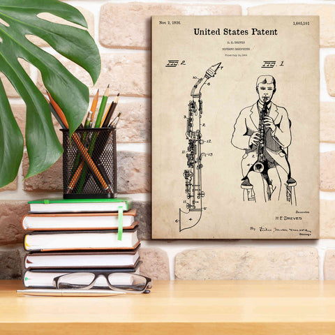 Image of 'Soprano Saxophone Blueprint Patent Parchment,' Canvas Wall Art,12 x 16