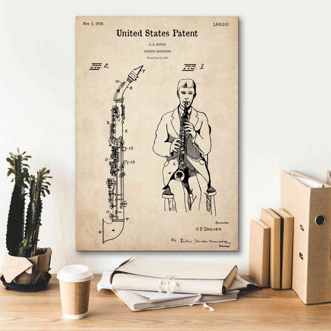 Image of 'Soprano Saxophone Blueprint Patent Parchment,' Canvas Wall Art,18 x 26