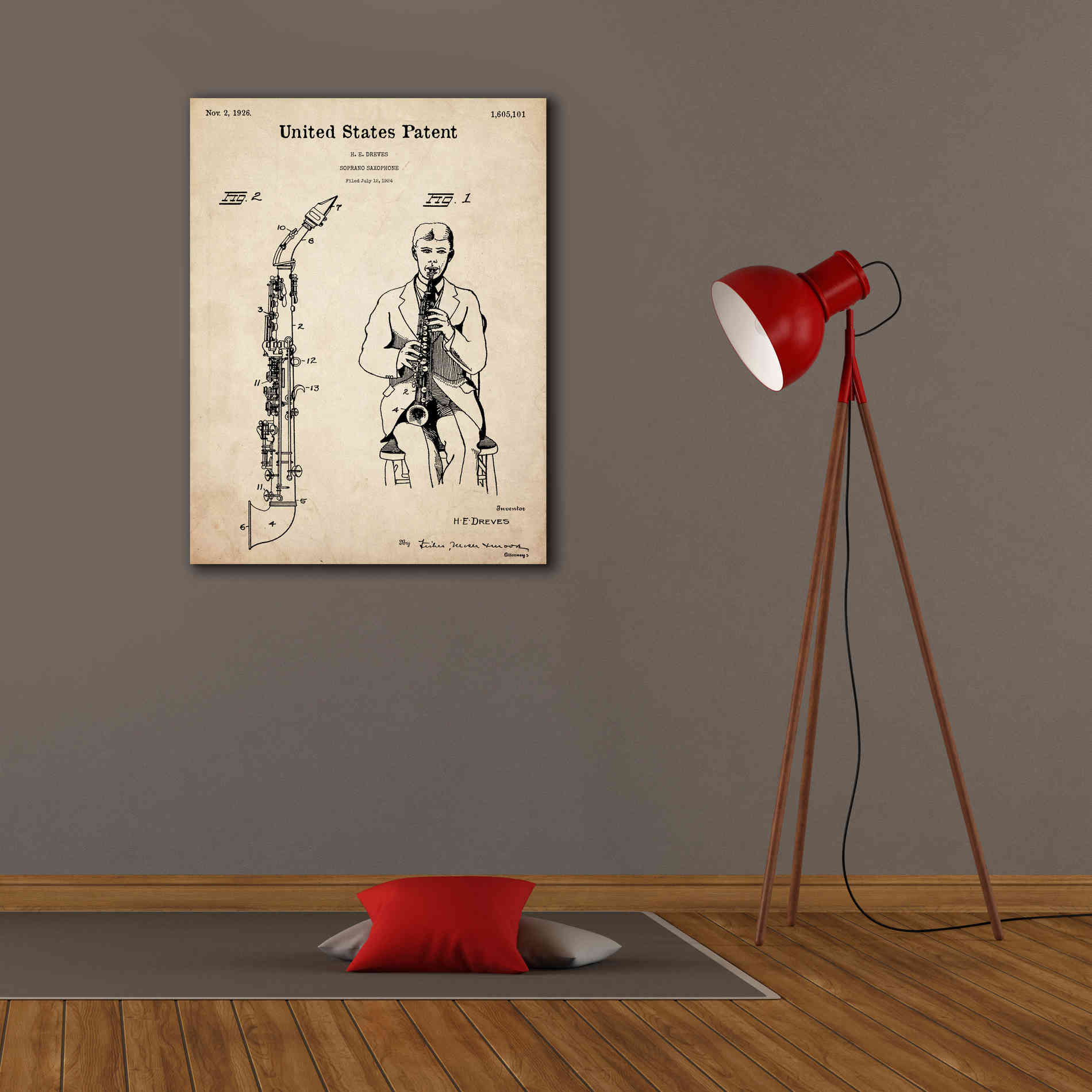 'Soprano Saxophone Blueprint Patent Parchment,' Canvas Wall Art,26 x 34