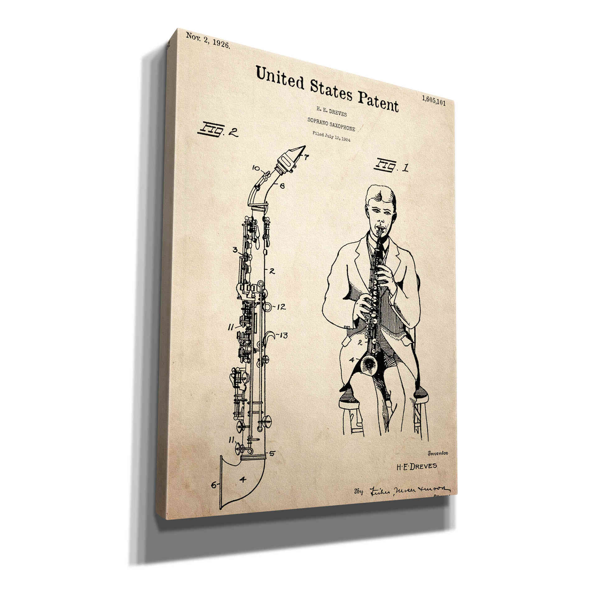 'Soprano Saxophone Blueprint Patent Parchment,' Canvas Wall Art,12x16x1.1x0,18x26x1.1x0,26x34x1.74x0,40x54x1.74x0