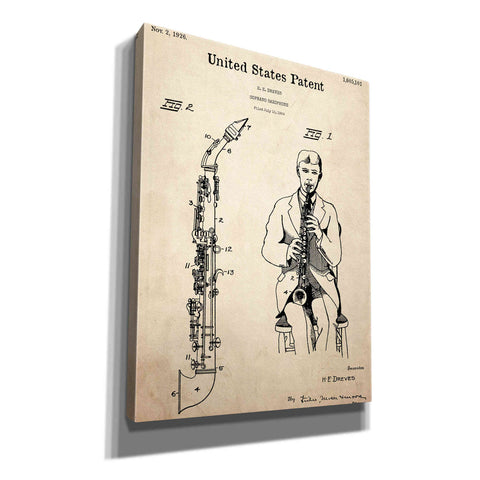 Image of 'Soprano Saxophone Blueprint Patent Parchment,' Canvas Wall Art,12x16x1.1x0,18x26x1.1x0,26x34x1.74x0,40x54x1.74x0