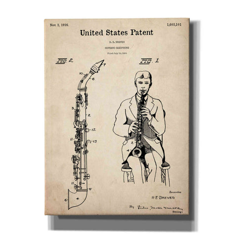 Image of 'Soprano Saxophone Blueprint Patent Parchment,' Canvas Wall Art,12x16x1.1x0,18x26x1.1x0,26x34x1.74x0,40x54x1.74x0