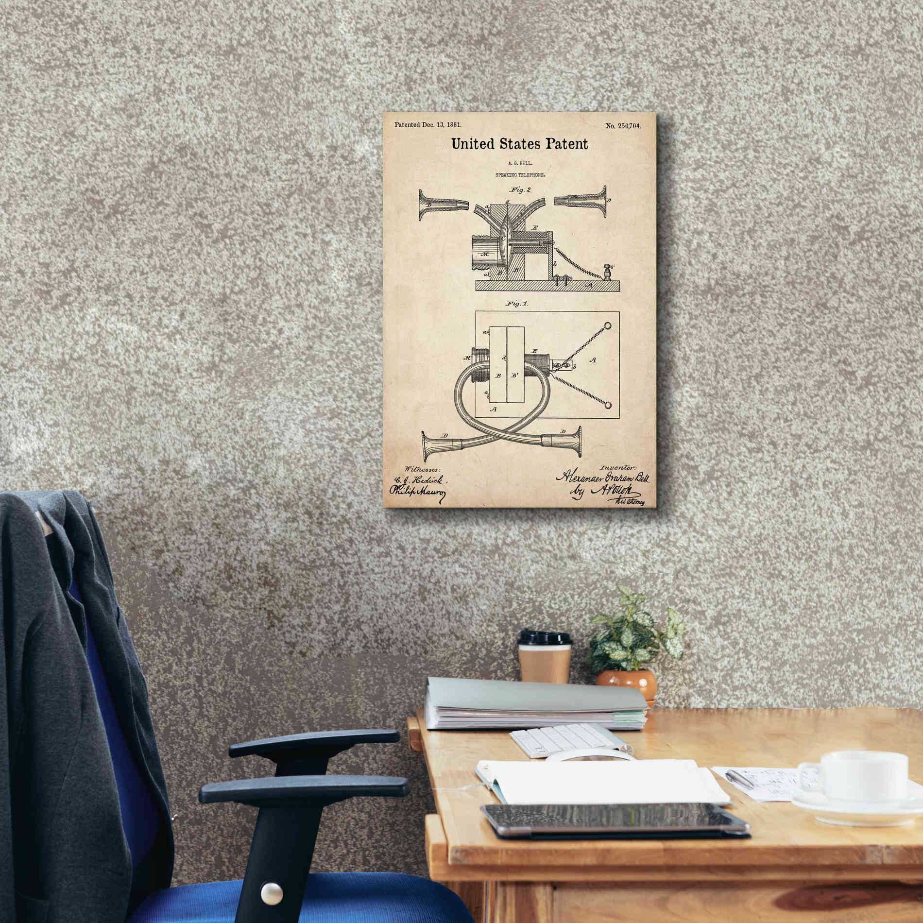 'Speaking Telephone Blueprint Patent Parchment,' Canvas Wall Art,18 x 26