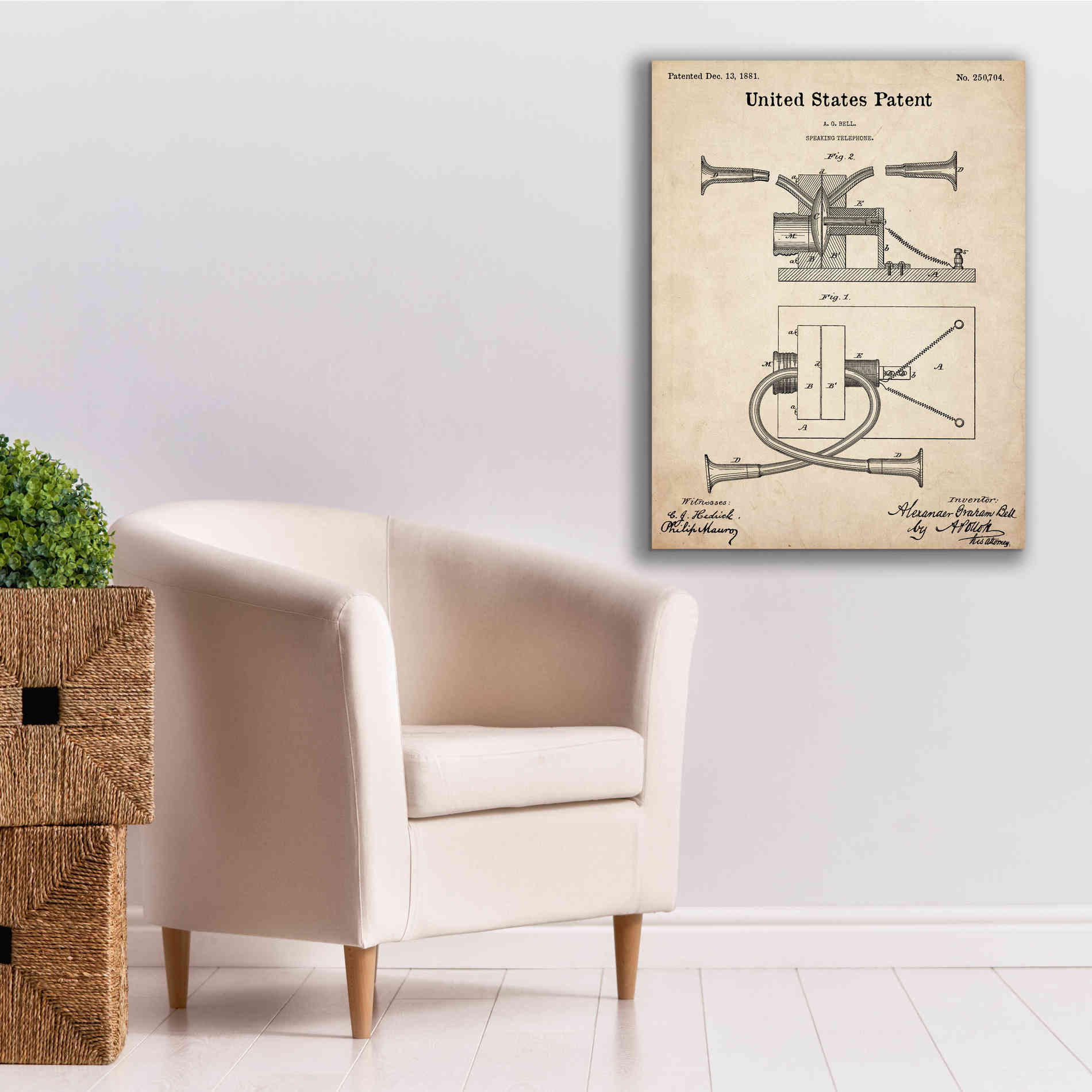 'Speaking Telephone Blueprint Patent Parchment,' Canvas Wall Art,26 x 34