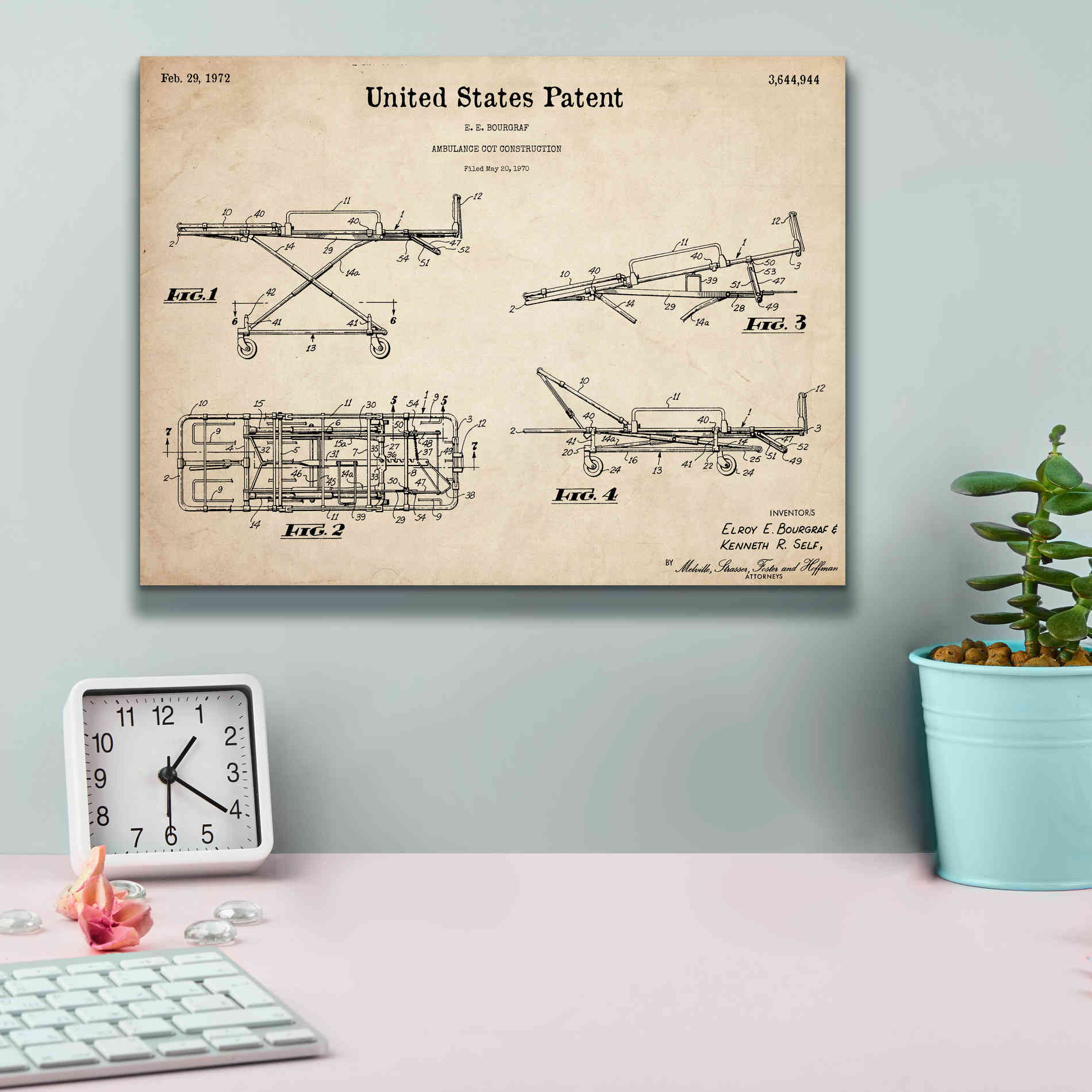 'EMT Stretcher Blueprint Patent Parchment,' Canvas Wall Art,16 x 12