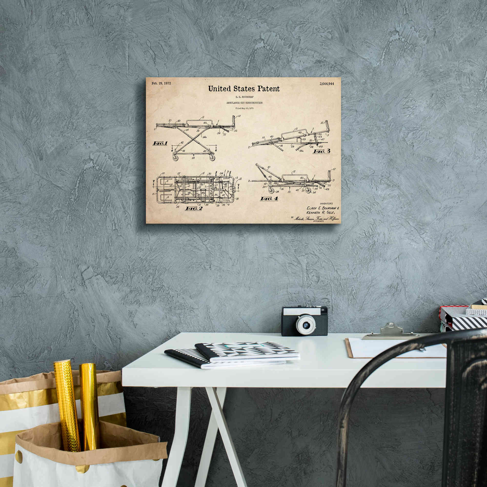 'EMT Stretcher Blueprint Patent Parchment,' Canvas Wall Art,16 x 12