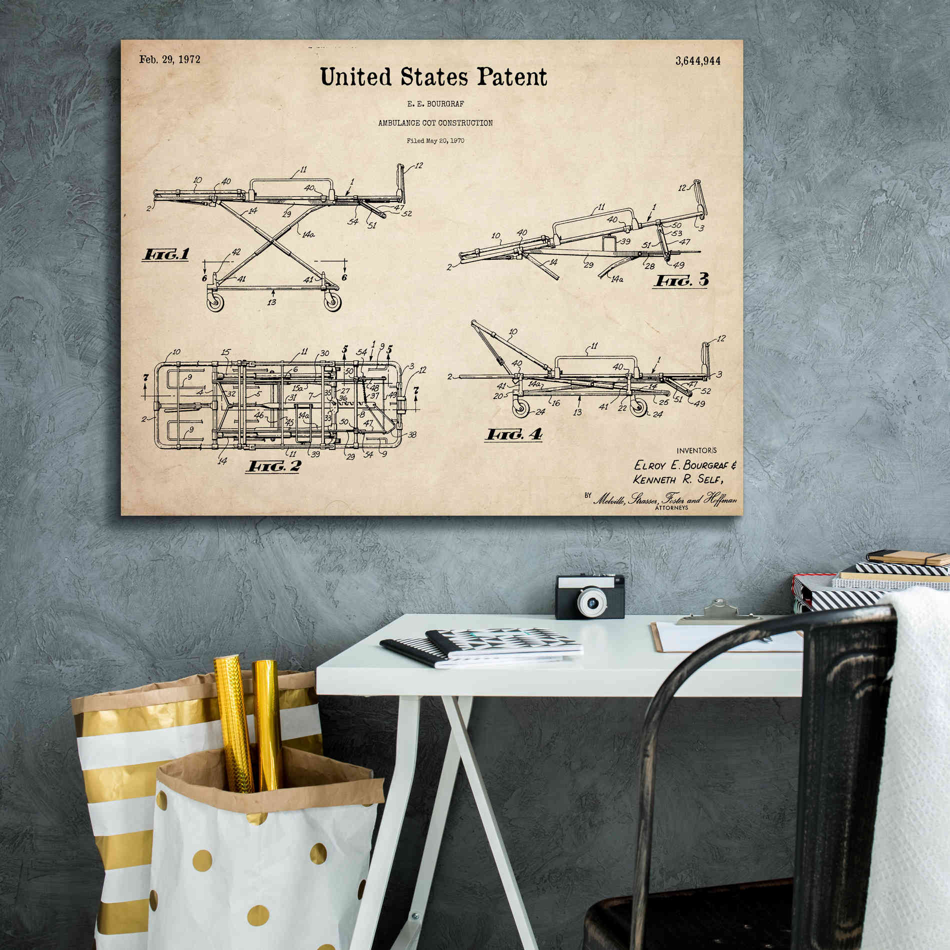 'EMT Stretcher Blueprint Patent Parchment,' Canvas Wall Art,34 x 26
