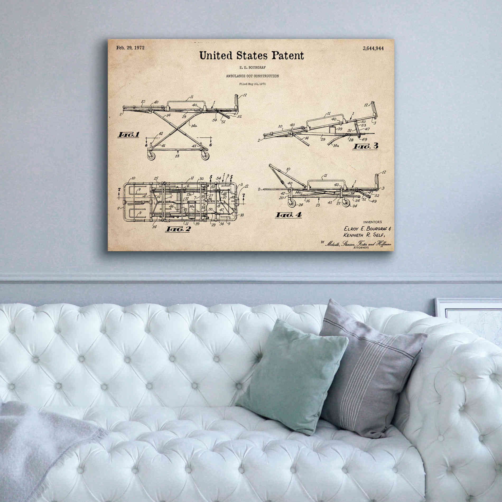 'EMT Stretcher Blueprint Patent Parchment,' Canvas Wall Art,54 x 40