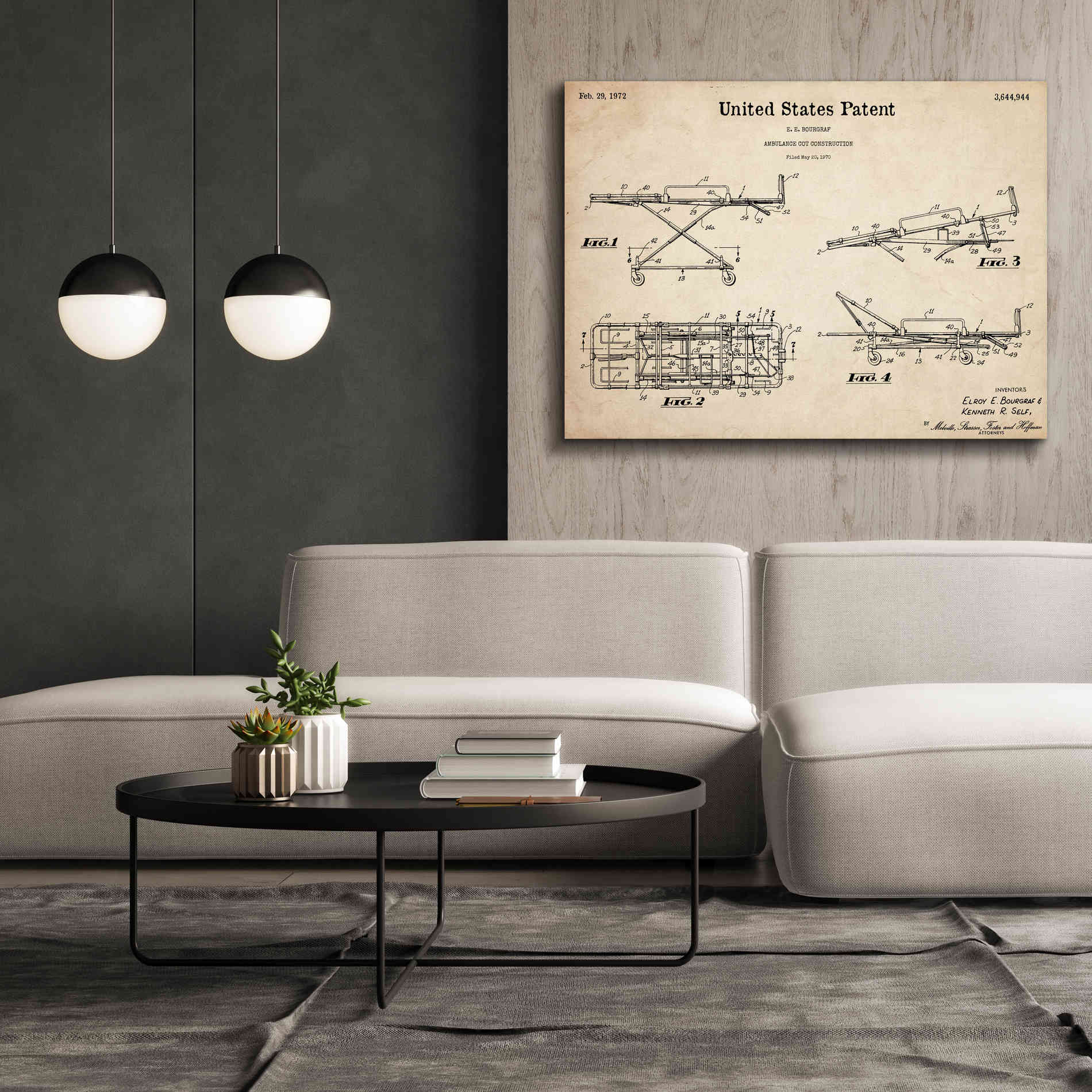 'EMT Stretcher Blueprint Patent Parchment,' Canvas Wall Art,54 x 40