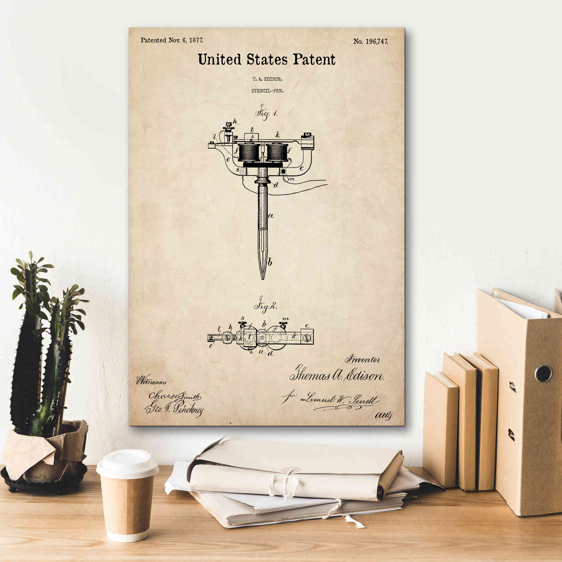 'Tattoo Stencil Pen Blueprint Patent Parchment,' Canvas Wall Art,18 x 26