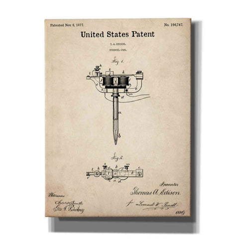 Image of 'Tattoo Stencil Pen Blueprint Patent Parchment,' Canvas Wall Art,12x16x1.1x0,18x26x1.1x0,26x34x1.74x0,40x54x1.74x0