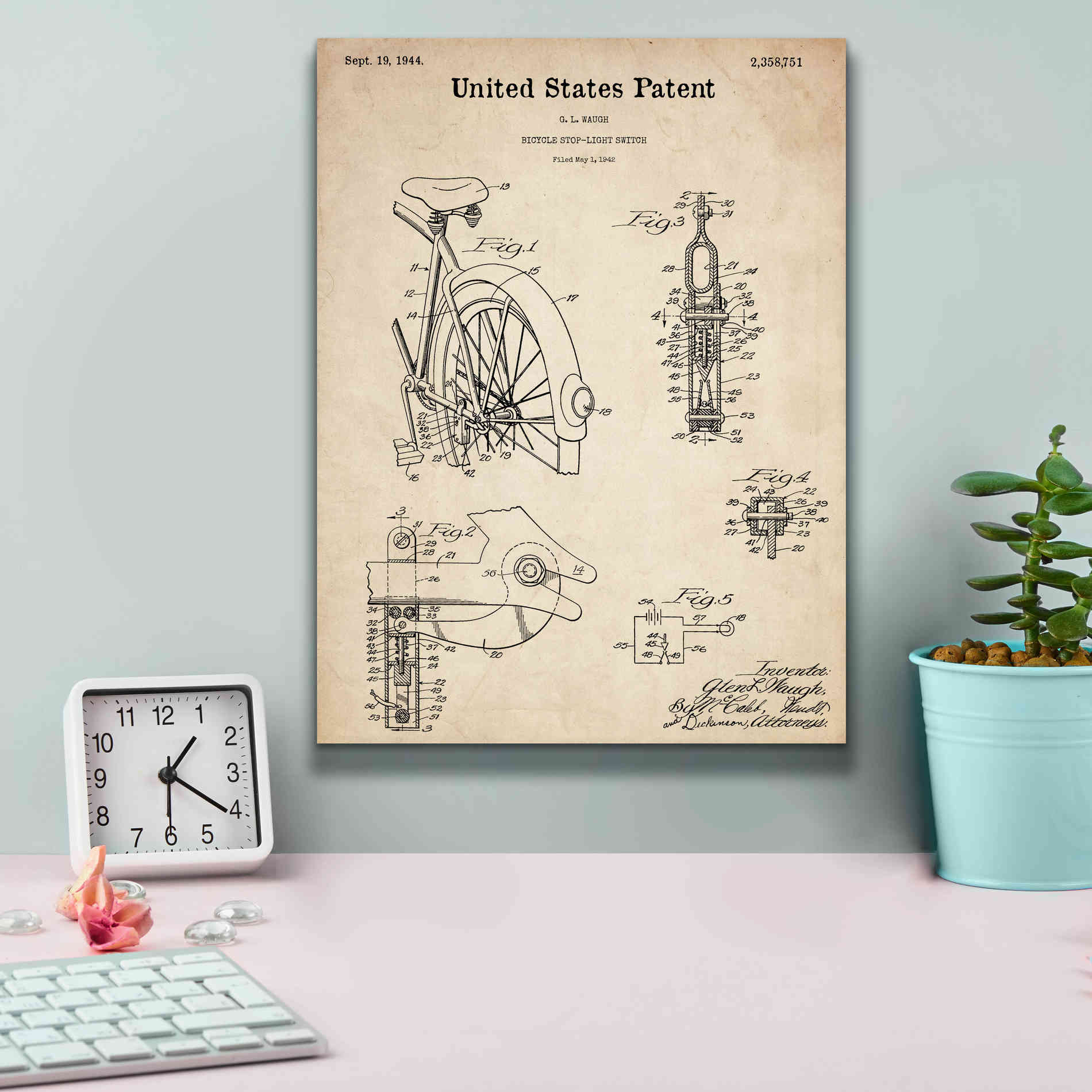 'Bicycle Stop-light Switch Blueprint Patent Parchment,' Canvas Wall Art,12 x 16