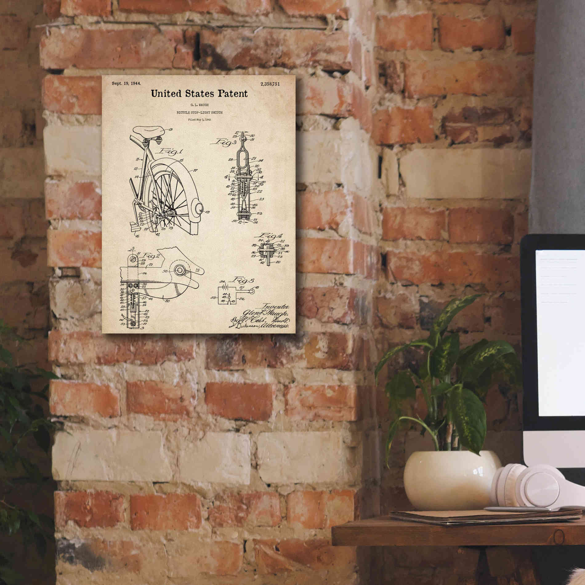 'Bicycle Stop-light Switch Blueprint Patent Parchment,' Canvas Wall Art,12 x 16