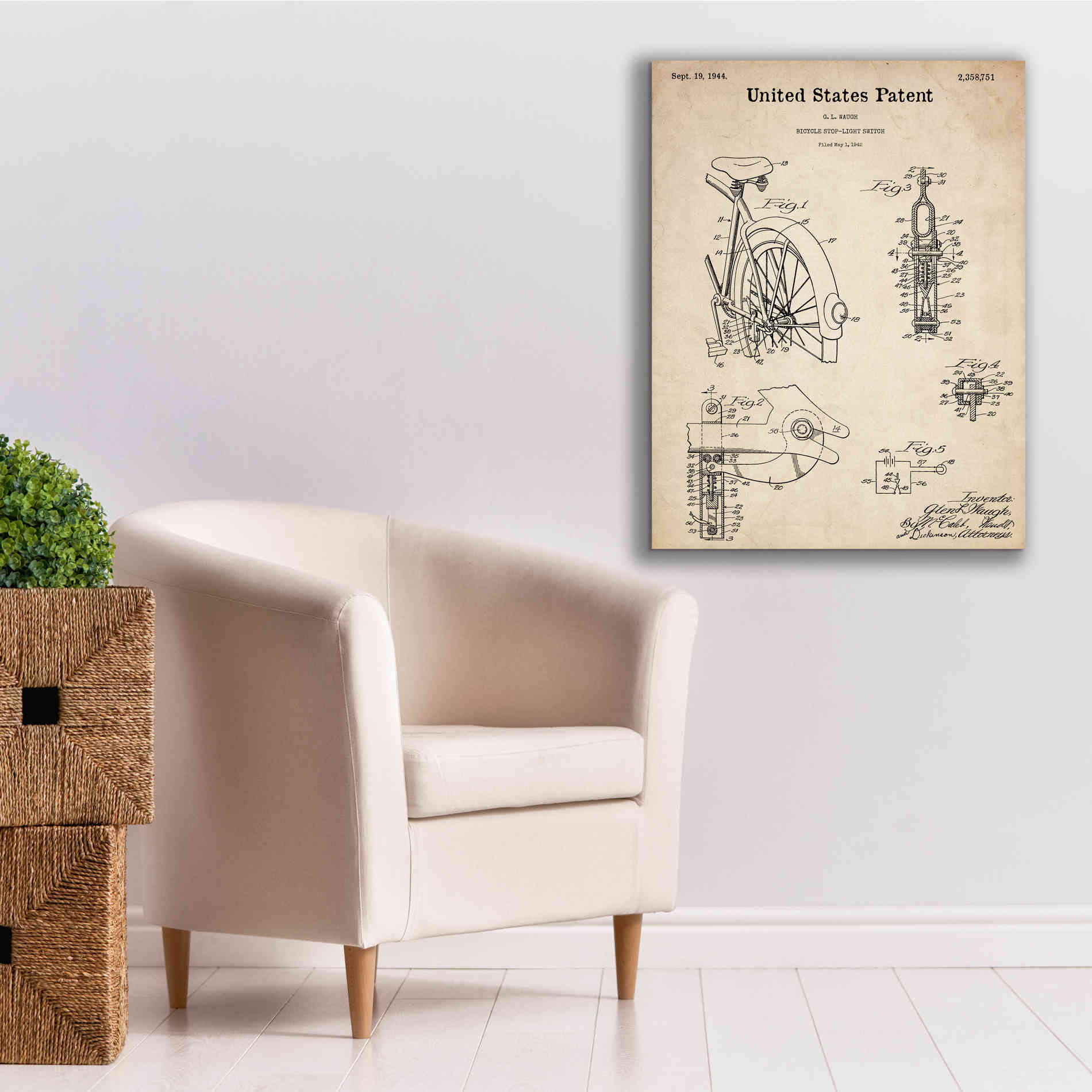 'Bicycle Stop-light Switch Blueprint Patent Parchment,' Canvas Wall Art,26 x 34