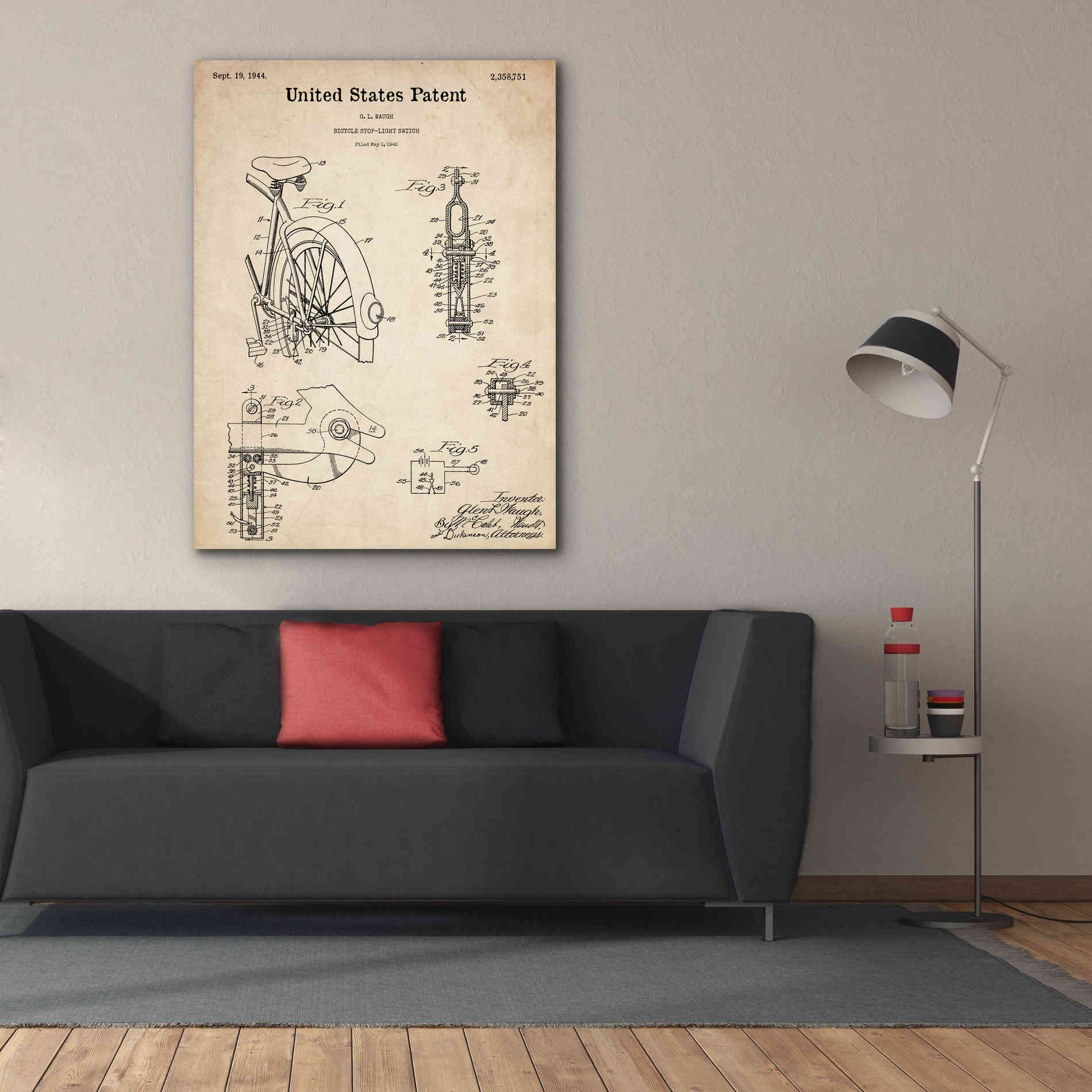 'Bicycle Stop-light Switch Blueprint Patent Parchment,' Canvas Wall Art,40 x 54